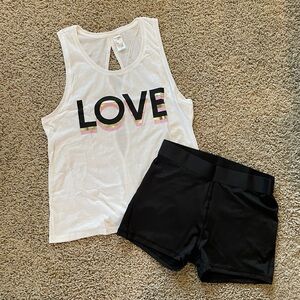 Victoria Sport Keyhole White Tank LOVE and Black Bike Short Bundle Size Medium